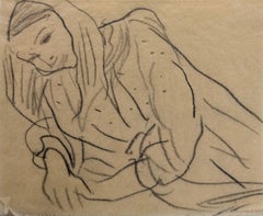 Portrait of a Female Deep In Thought British Modernist Pencil Sketch