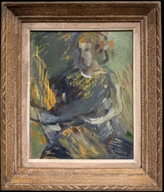 Porträt einer Dame in Blau, die ein Weizenschaf trägt Britisches Ölgemälde