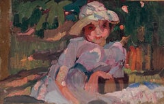 Portrait of a Young Lady at a Picnic in a Pink Summer Dress and Summer Hat Oil