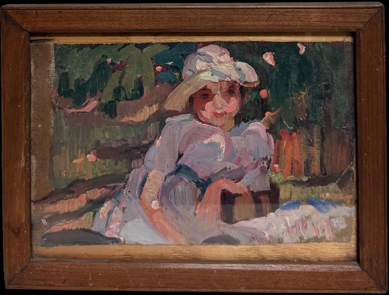 Irina Hale Portrait Painting - Portrait of a Young Lady at a Picnic in a Pink Summer Dress and Summer Hat Oil