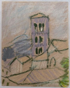Purple Bell Tower In Village British Modernist Pastel Painting Sketch