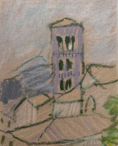 Purple Bell Tower In Village British Modernist Pastel Painting Sketch