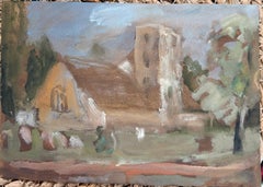 Ruhiger Dorfkirchhof in der Abenddämmerung Britisches modernistisches Ölgemälde