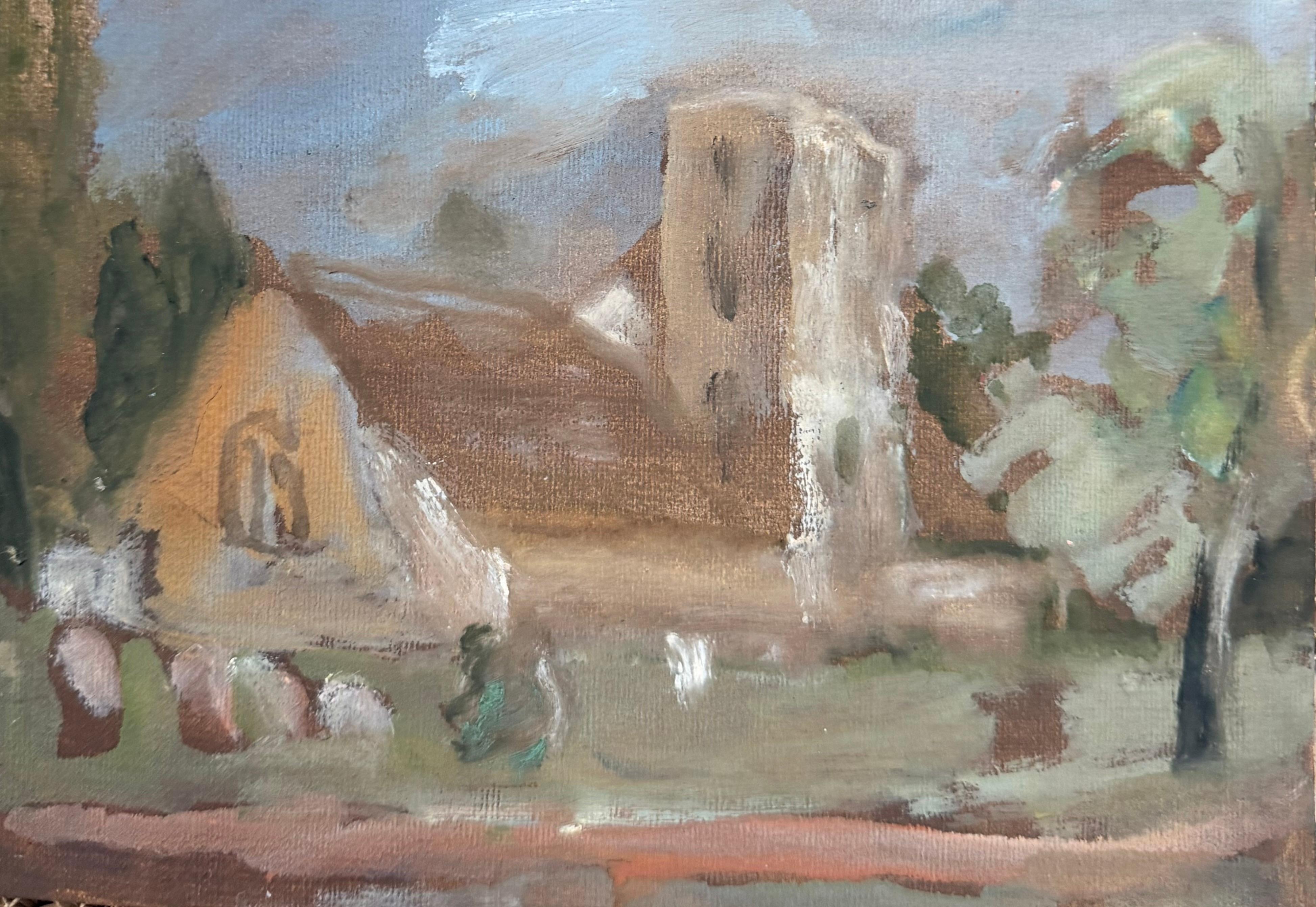 Quiet Village Churchyard at Dusk British Modernist Oil Painting