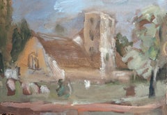 Quiet Village Churchyard at Dusk British Modernist Oil Painting