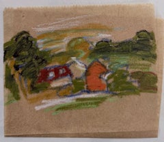 Rote und orangefarbene Cottages in einer Waldlandschaft Britische modernistische Pastellskizze