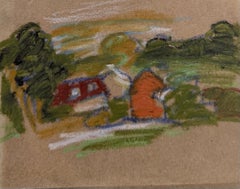 Cottage rossi e arancioni in un paesaggio boscoso Schizzo a pastello modernista britannico