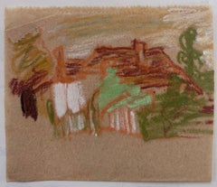 Red Roof Cottage Surrounded By Greenery British Modernist Pastel Sketch