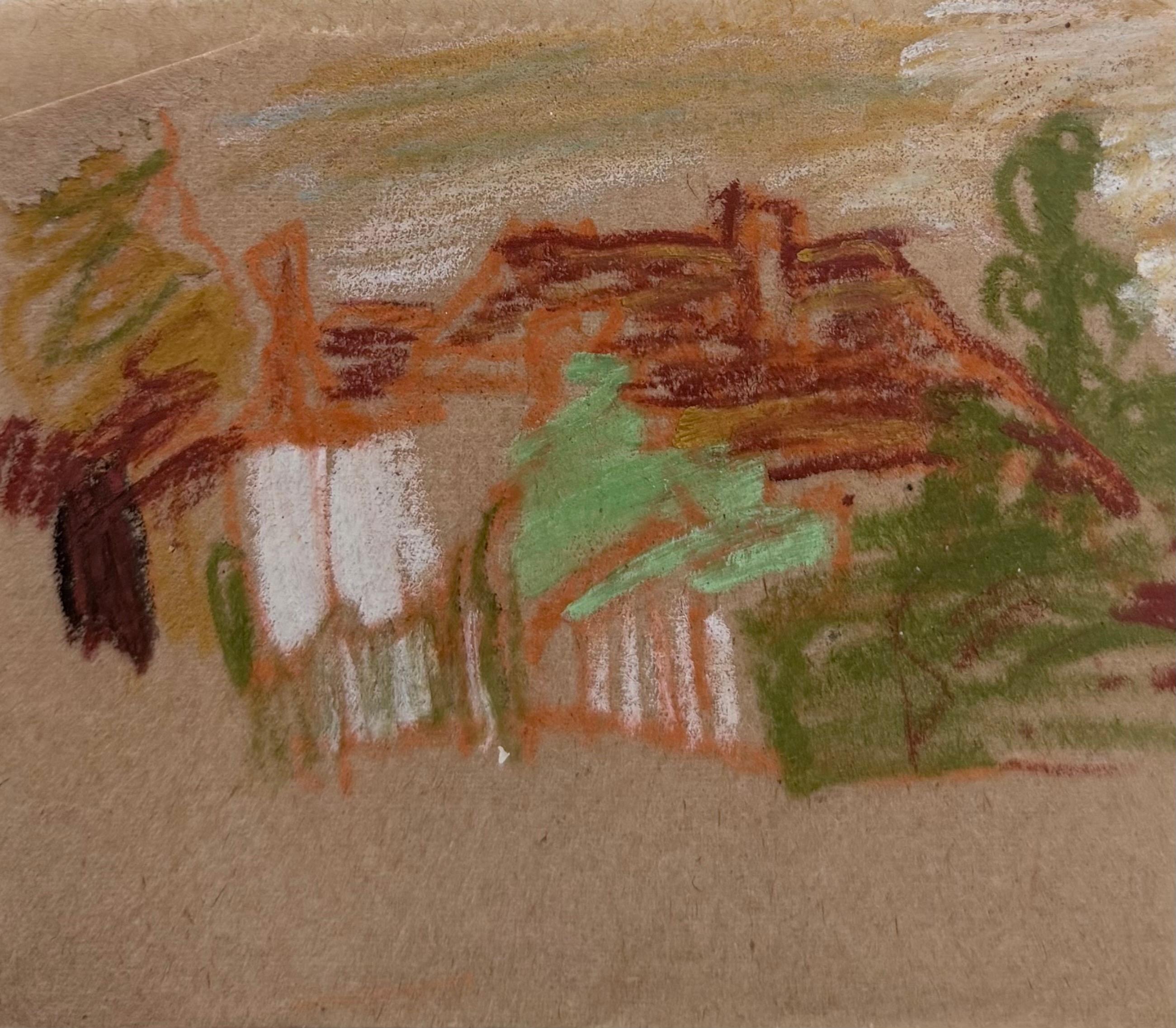 Landscape Painting di Irina Hale - Cottage dal tetto rosso circondato dal verde Schizzo modernista britannico a pastello