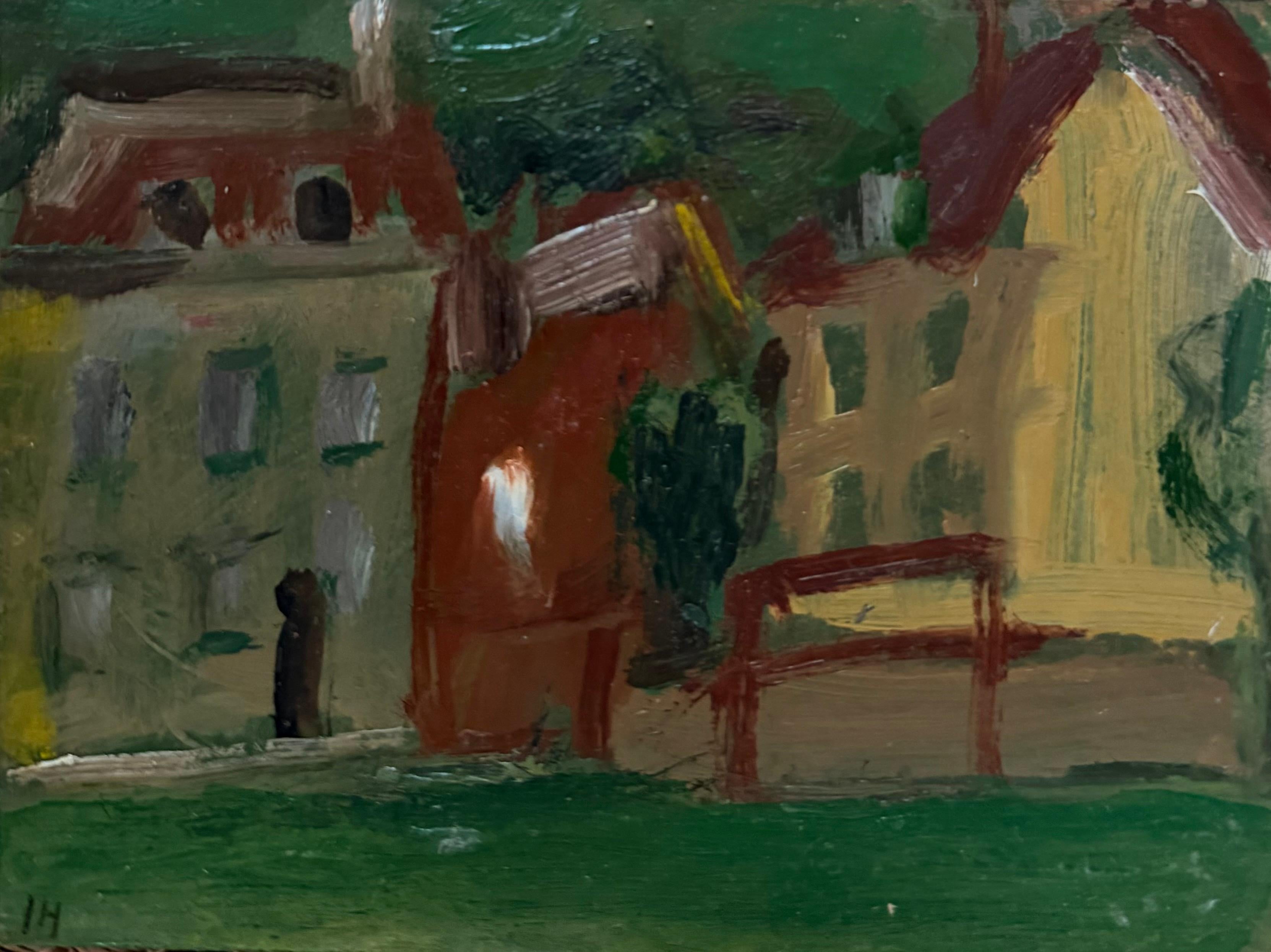 Red Roof Houses In a Green Atmospheric Town British Modernist Oil Painting