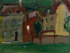 Vintage Red Roof Houses In a Green Atmospheric Town British Modernist Oil Painting