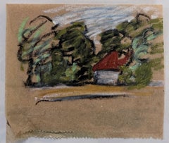 Red Roof Hut Nestled In Forest Landscape British Modernist Pastell Skizze