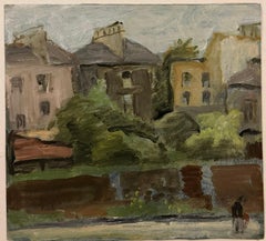 Row of Houses Beyond a Garden Wall British Modernist Oil Painting