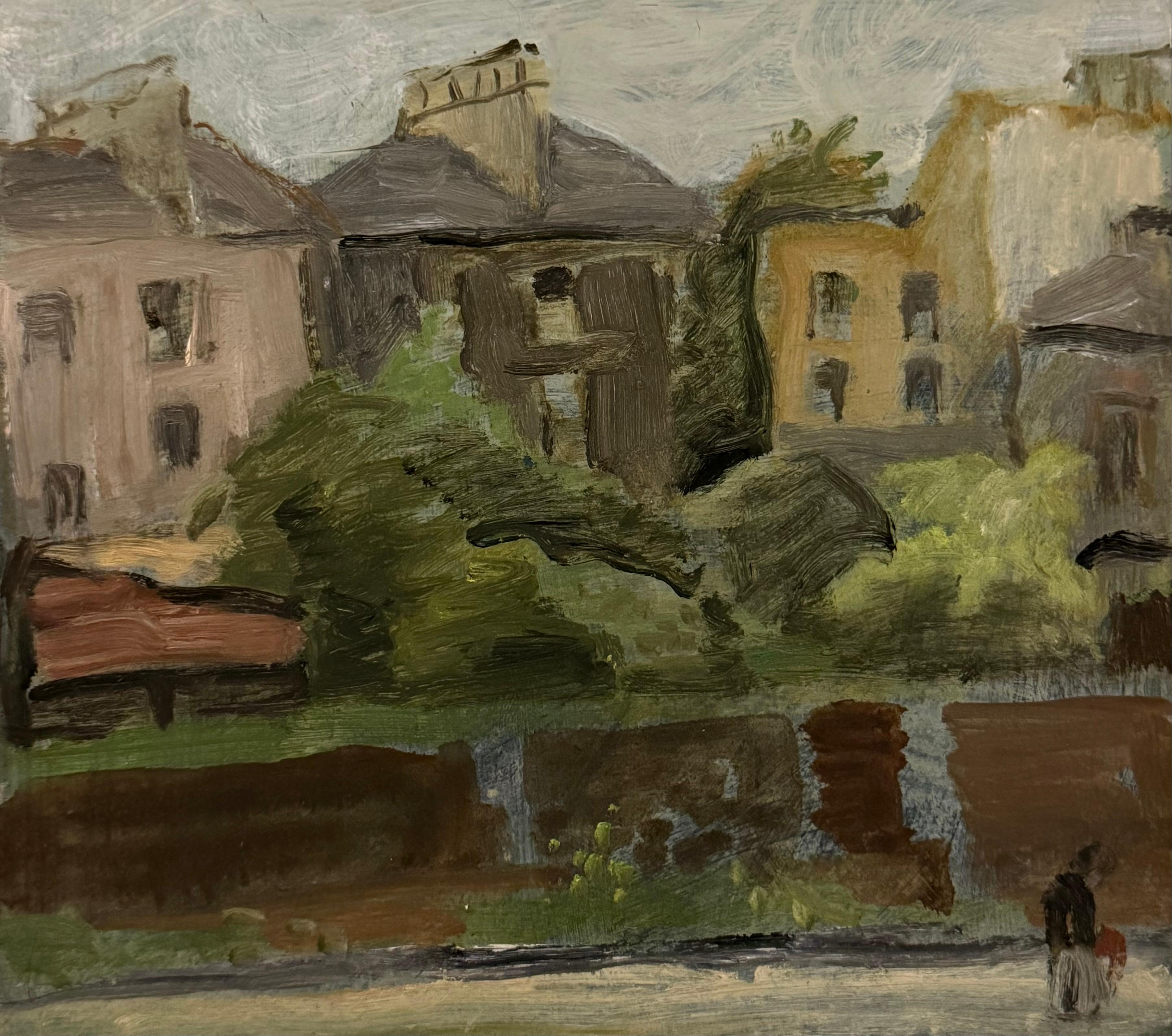 Row of Houses Beyond a Garden Wall British Modernist Oil Painting