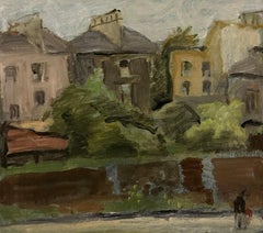 Vintage Row of Houses Beyond a Garden Wall British Modernist Oil Painting