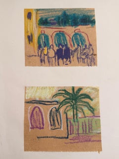 Set di 2 disegni di figure e paesaggi luminosi del modernismo inglese degli anni '60