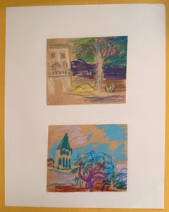 Set di 2 studi di paesaggi luminosi di disegni modernisti britannici degli anni '60