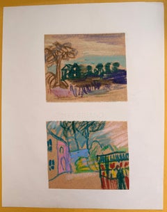 Set di 2 studi di paesaggi luminosi di disegni modernisti britannici degli anni '60