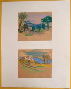 Set of 2 Bright Landscape Studies of 1960's British Modernist Drawings