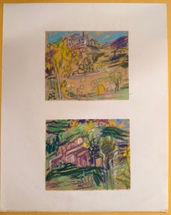 Ensemble de 2 études de paysages lumineux de dessins modernistes britanniques des années 1960