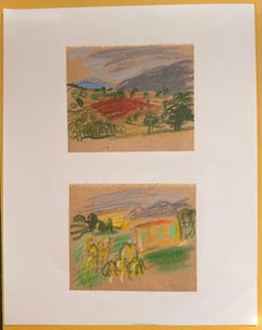 Set of 2 Bright Landscape Studies of 1960's British Modernist Drawings
