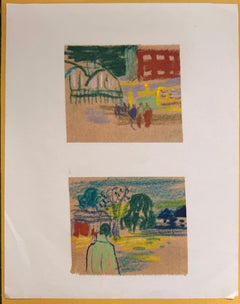 Set of 2 Bright Landscape Studies of 1960's British Modernist Drawings