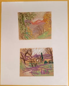 Set of 2 Bright Landscape Studies of 1960's British Modernist Drawings