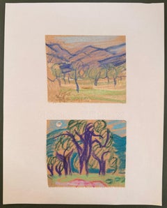 Set of 2 Bright Landscape Studies of 1960's British Modernist Drawings