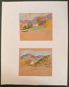 Set of 2 Bright Landscape Studies of 1960's British Modernist Drawings