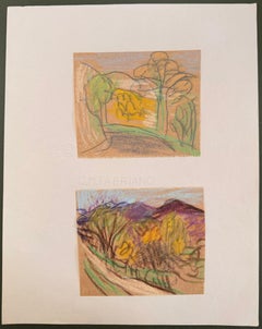 Set di 2 studi di paesaggi luminosi di disegni modernisti britannici degli anni '60
