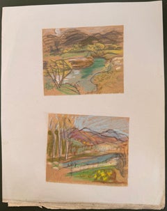 Set of 2 Bright Landscape Studies of 1960's British Modernist Drawings