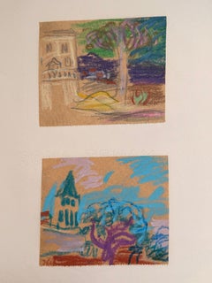 Set di 2 studi di paesaggi luminosi di disegni modernisti britannici degli anni '60