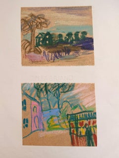 Set di 2 studi di paesaggi luminosi di disegni modernisti britannici degli anni '60