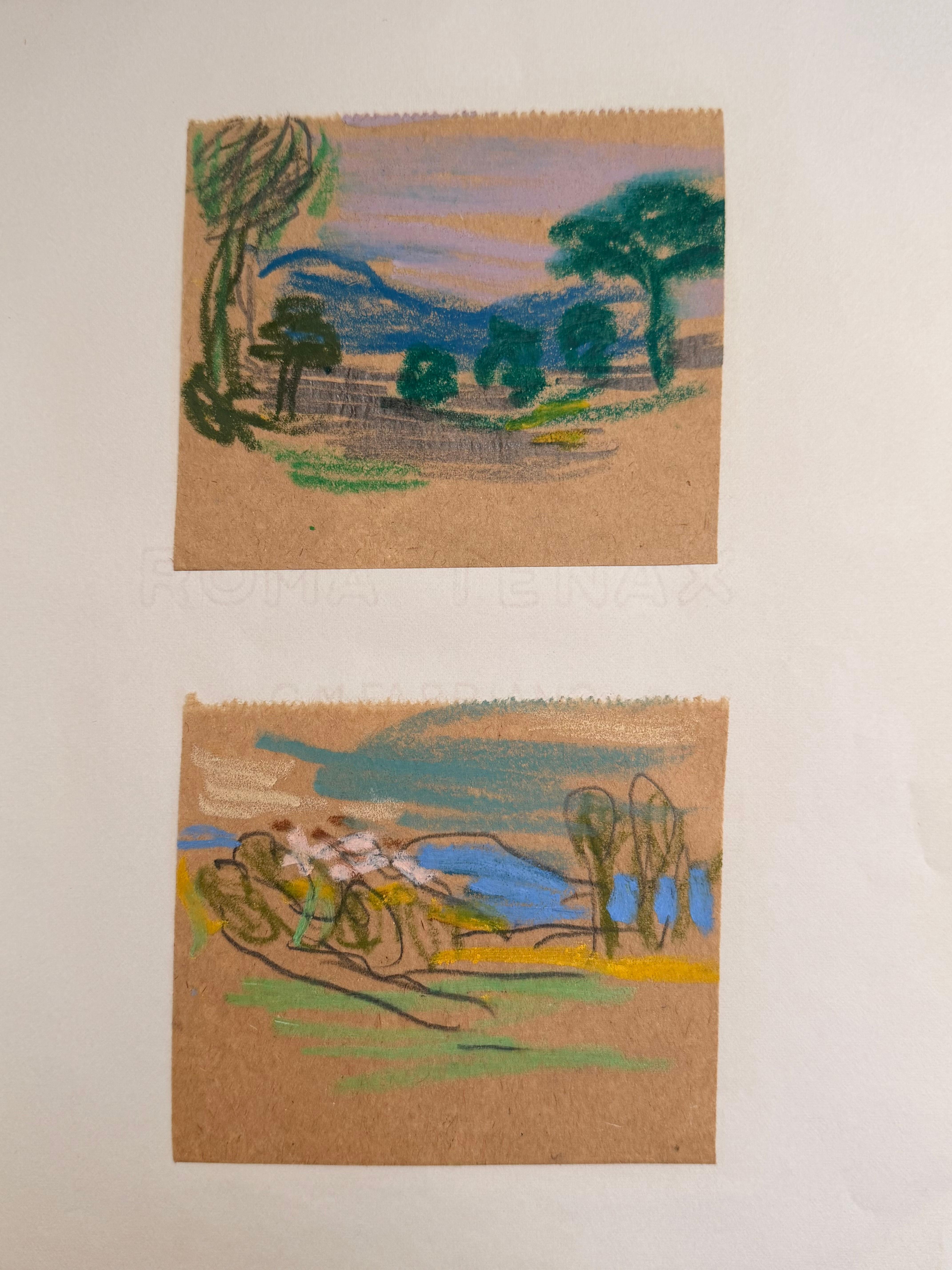 Set of 2 Bright Landscape Studies of 1960's British Modernist Drawings