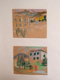 Set of 2 Bright Landscape Studies of 1960's British Modernist Drawings