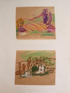 Set of 2 Bright Landscape Studies of 1960's British Modernist Drawings