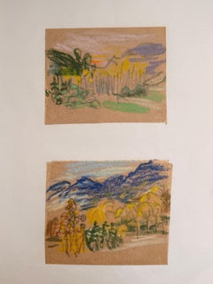 Set of 2 Bright Landscape Studies of 1960's British Modernist Drawings