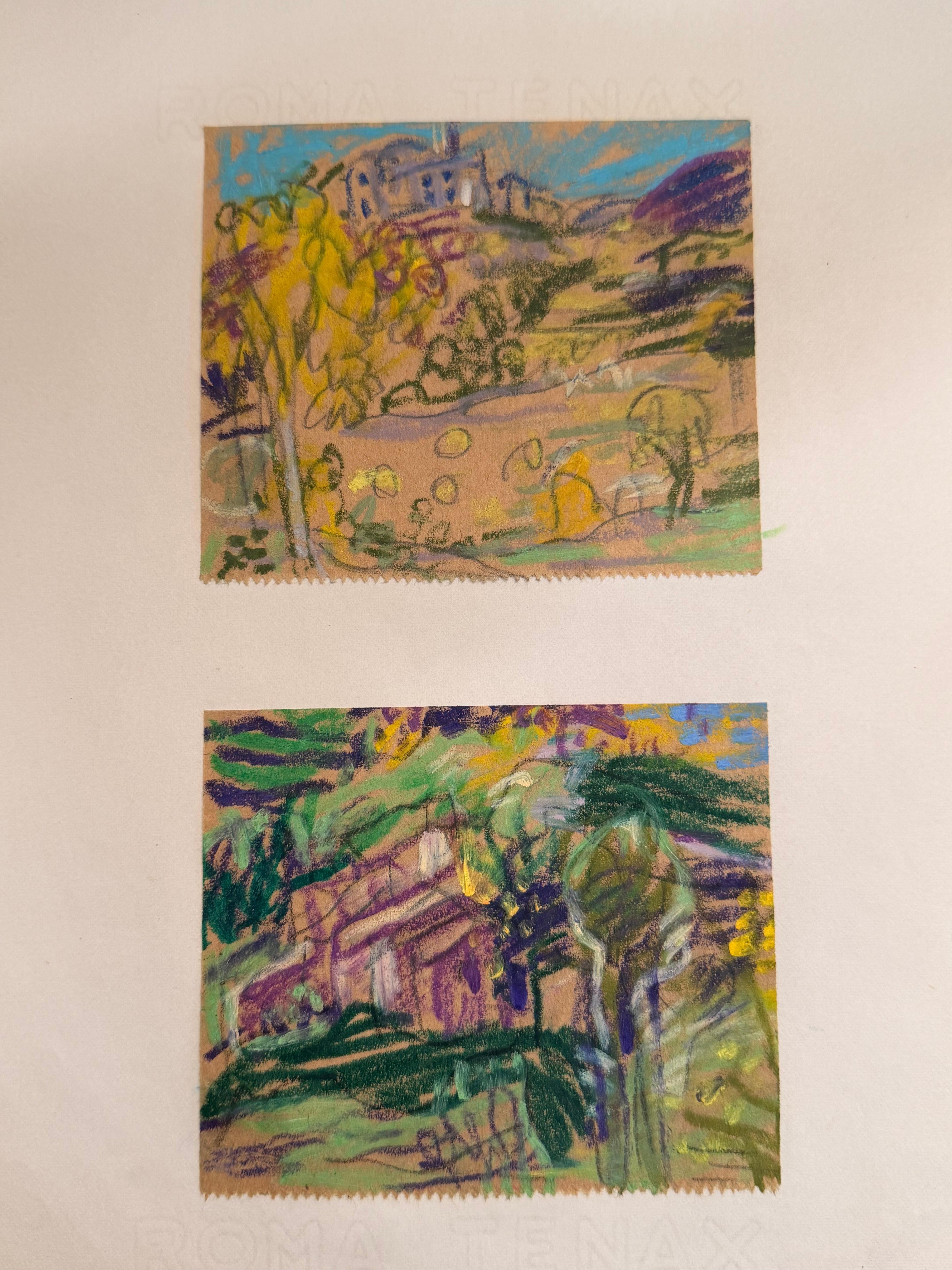 Set of 2 Bright Landscape Studies of 1960's British Modernist Drawings
