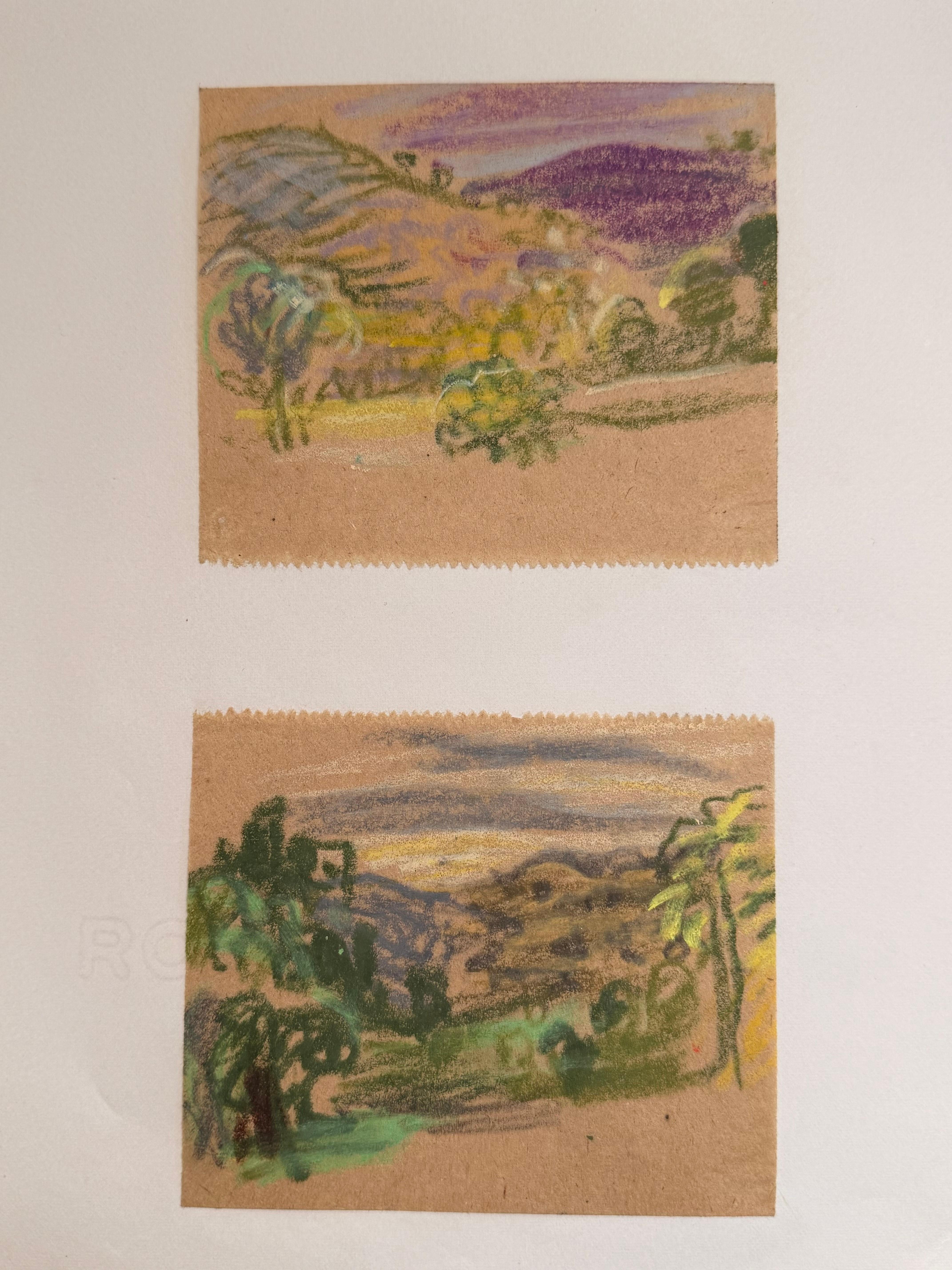 Irina Hale Animal Art - Set of 2 Bright Landscape Studies of 1960's British Modernist Drawings