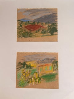 Set of 2 Bright Landscape Studies of 1960's British Modernist Drawings