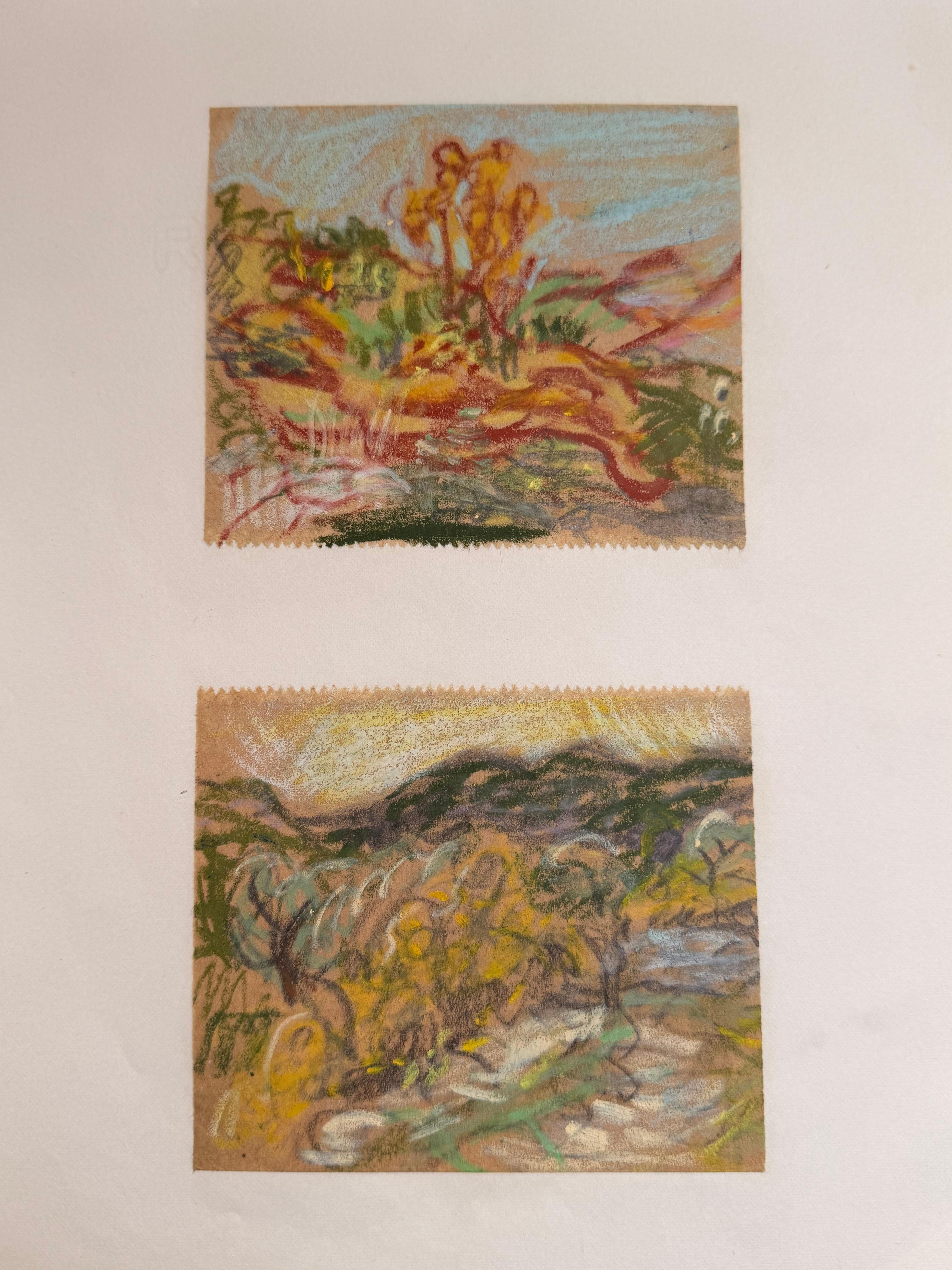 Set of 2 Bright Landscape Studies of 1960's British Modernist Drawings