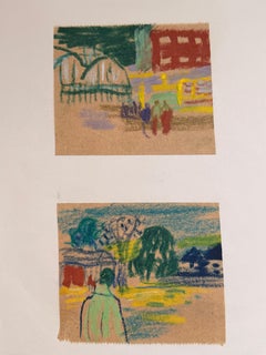 Set of 2 Bright Landscape Studies of 1960's British Modernist Drawings