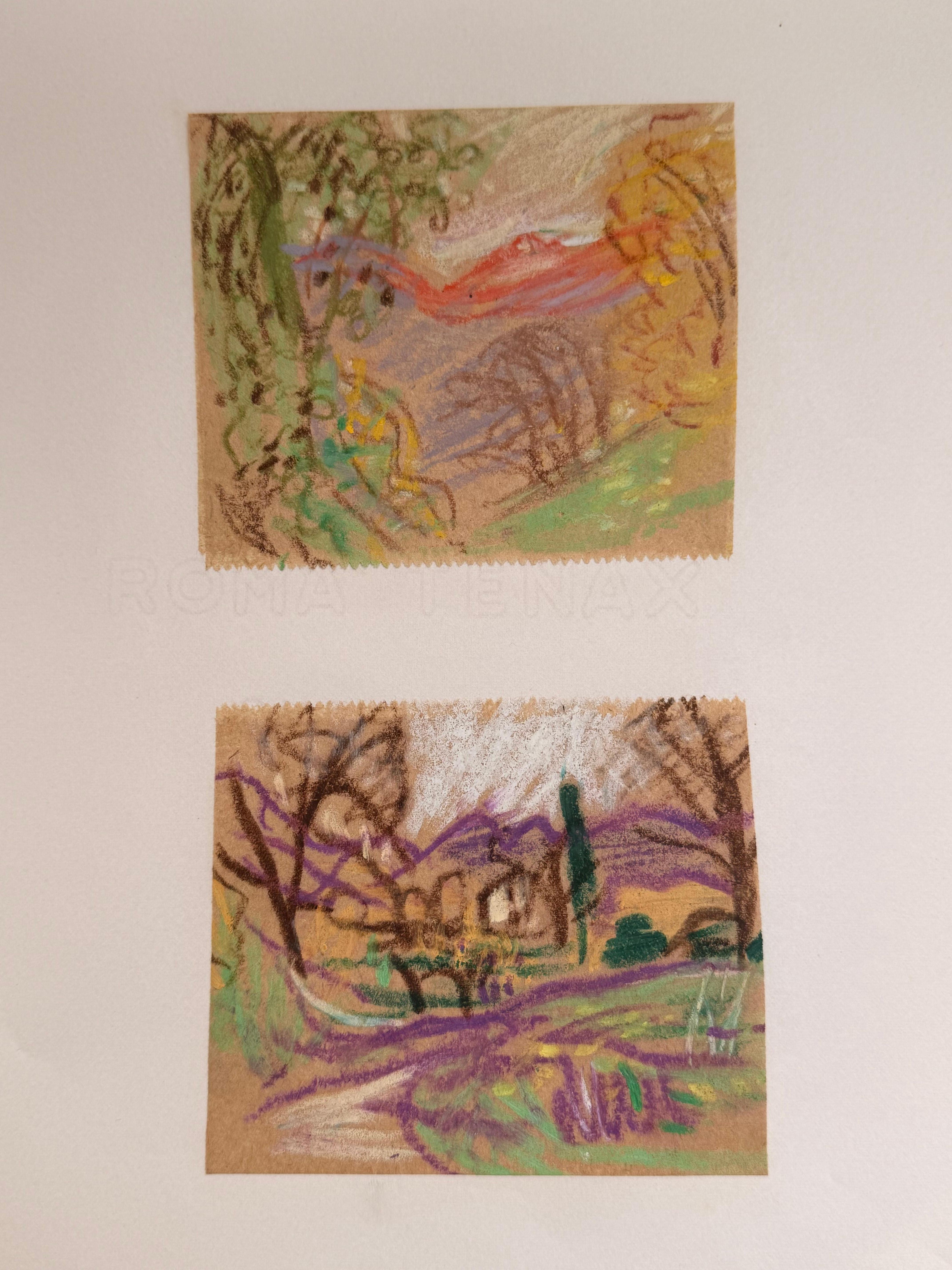 Set of 2 Bright Landscape Studies of 1960's British Modernist Drawings