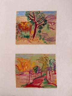 Set of 2 Bright Landscape Studies of 1960's British Modernist Drawings