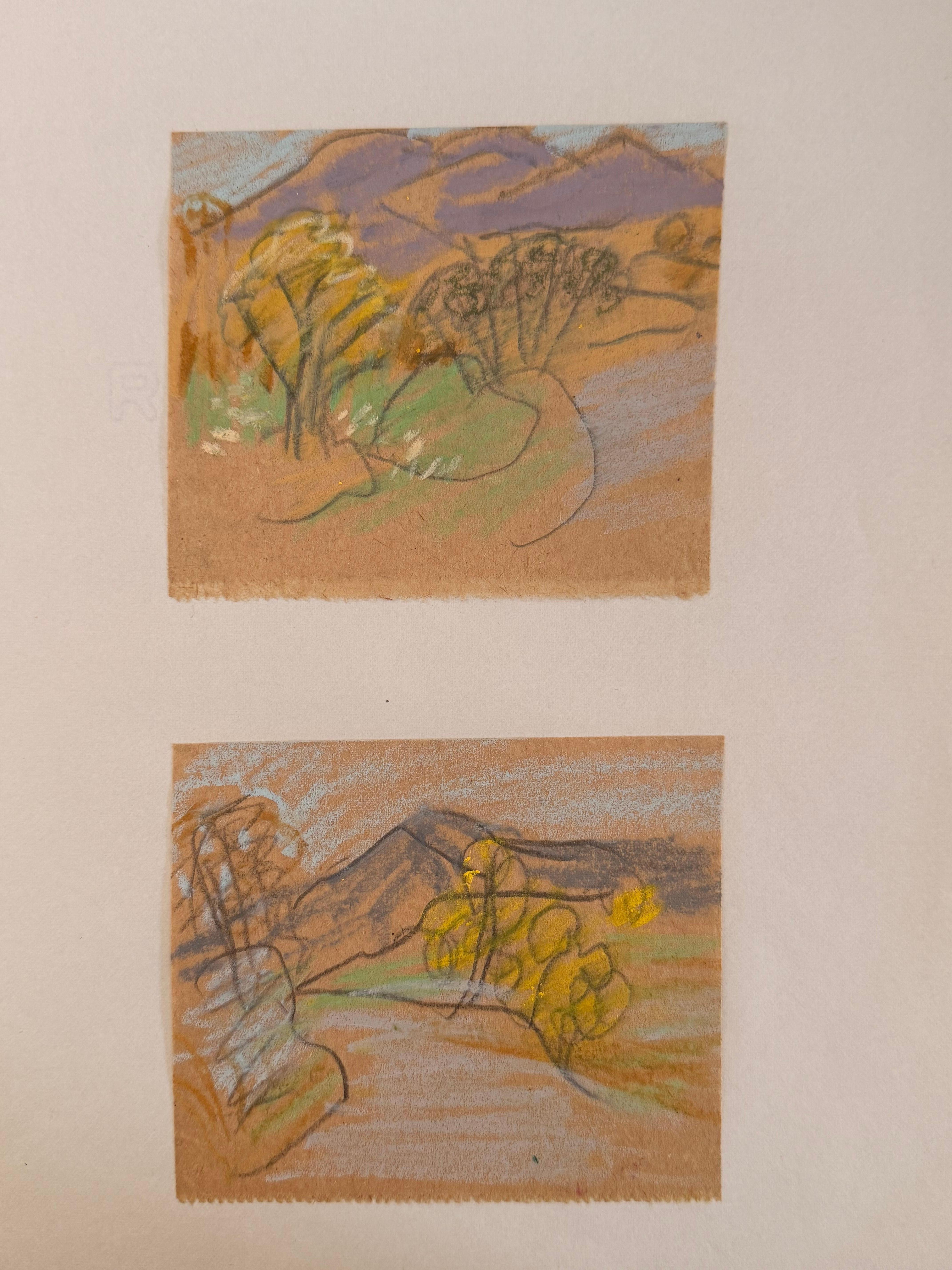 Set of 2 Bright Landscape Studies of 1960's British Modernist Drawings
