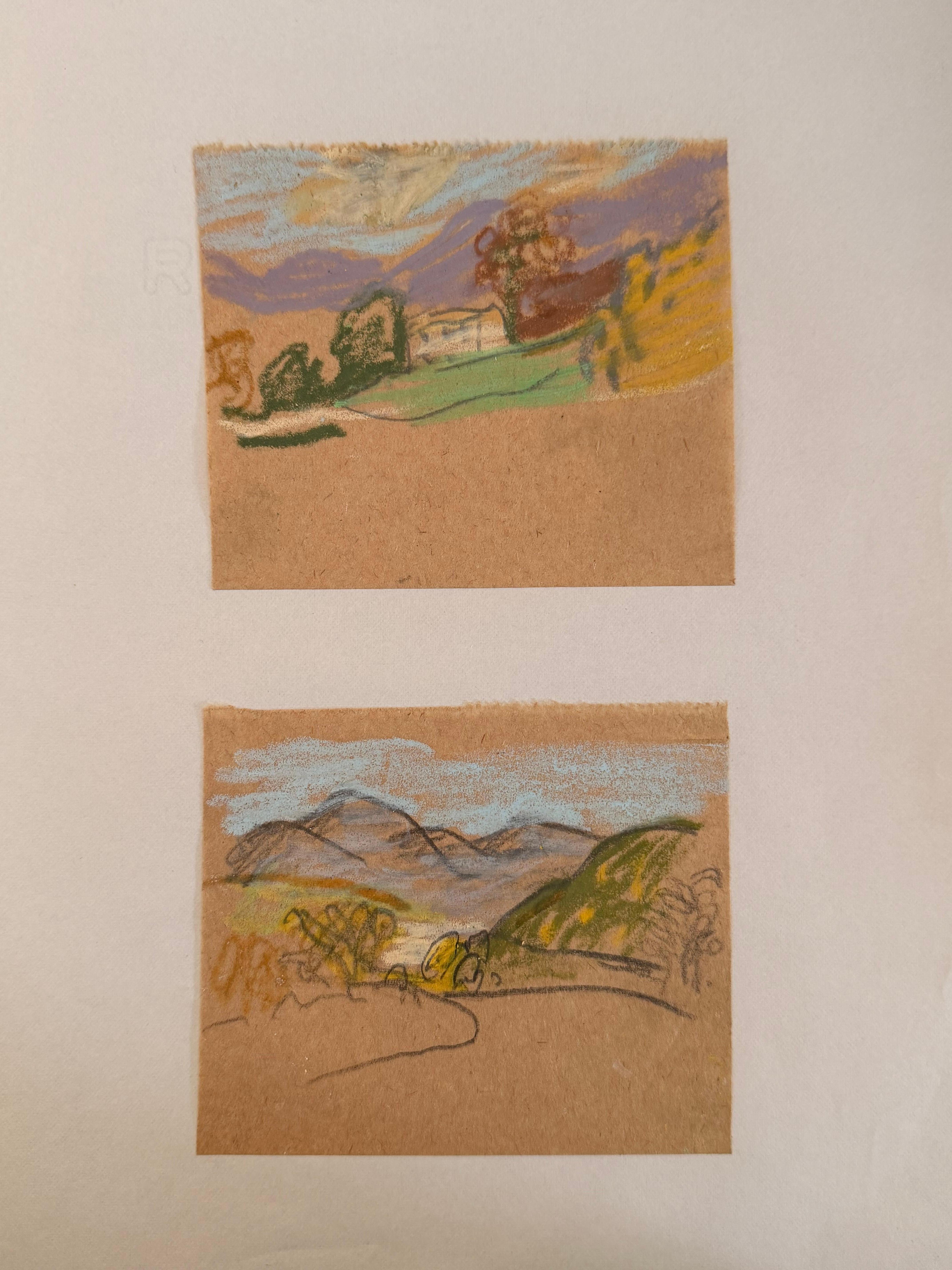 Irina Hale Animal Art - Set of 2 Bright Landscape Studies of 1960's British Modernist Drawings