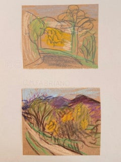 Set di 2 studi di paesaggi luminosi di disegni modernisti britannici degli anni '60