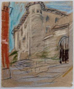 Stone Castle In Village Town British Modernist Pastel and Pencil Sketch