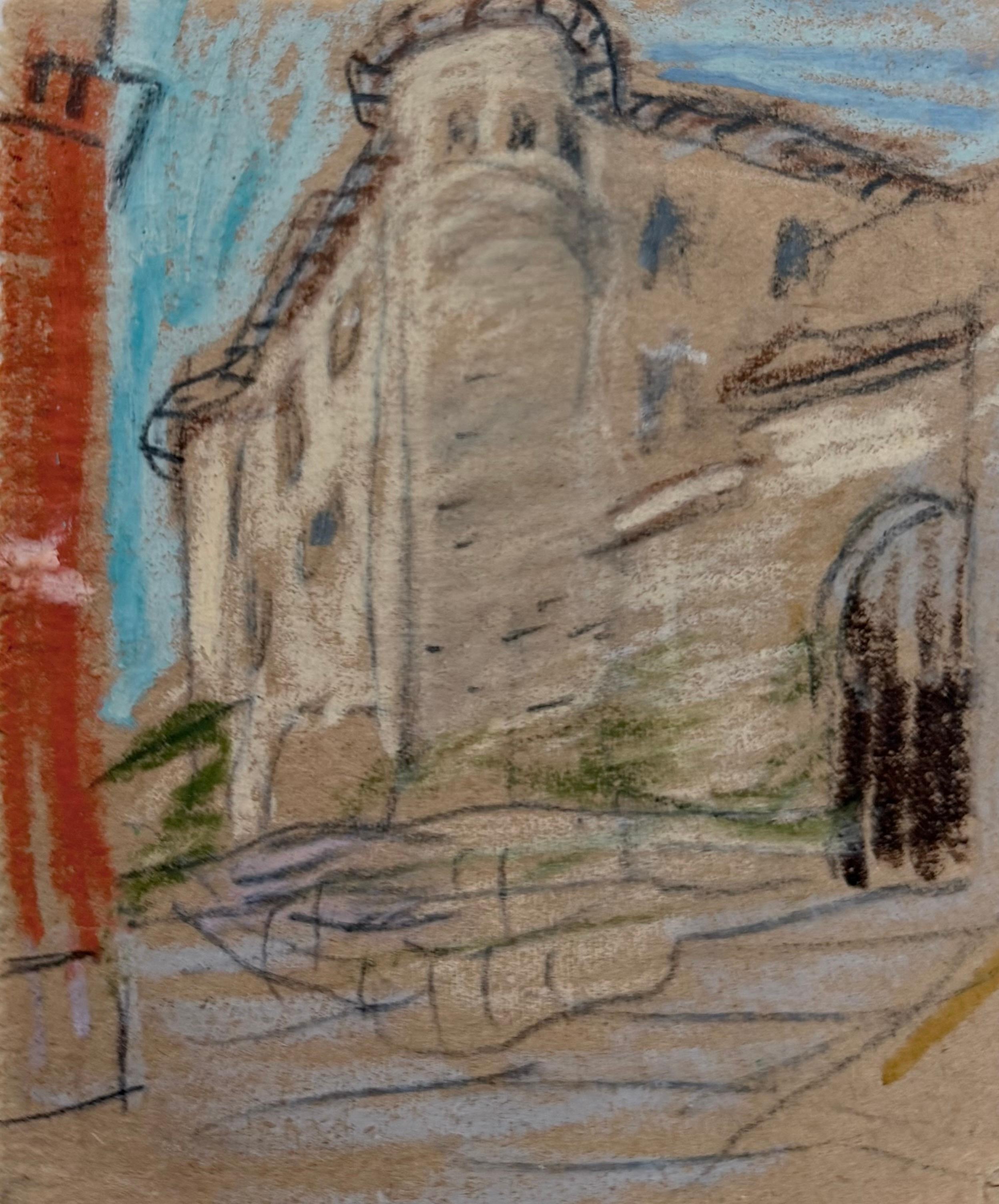 Stone Castle In Village Town British Modernist Pastel and Pencil Sketch