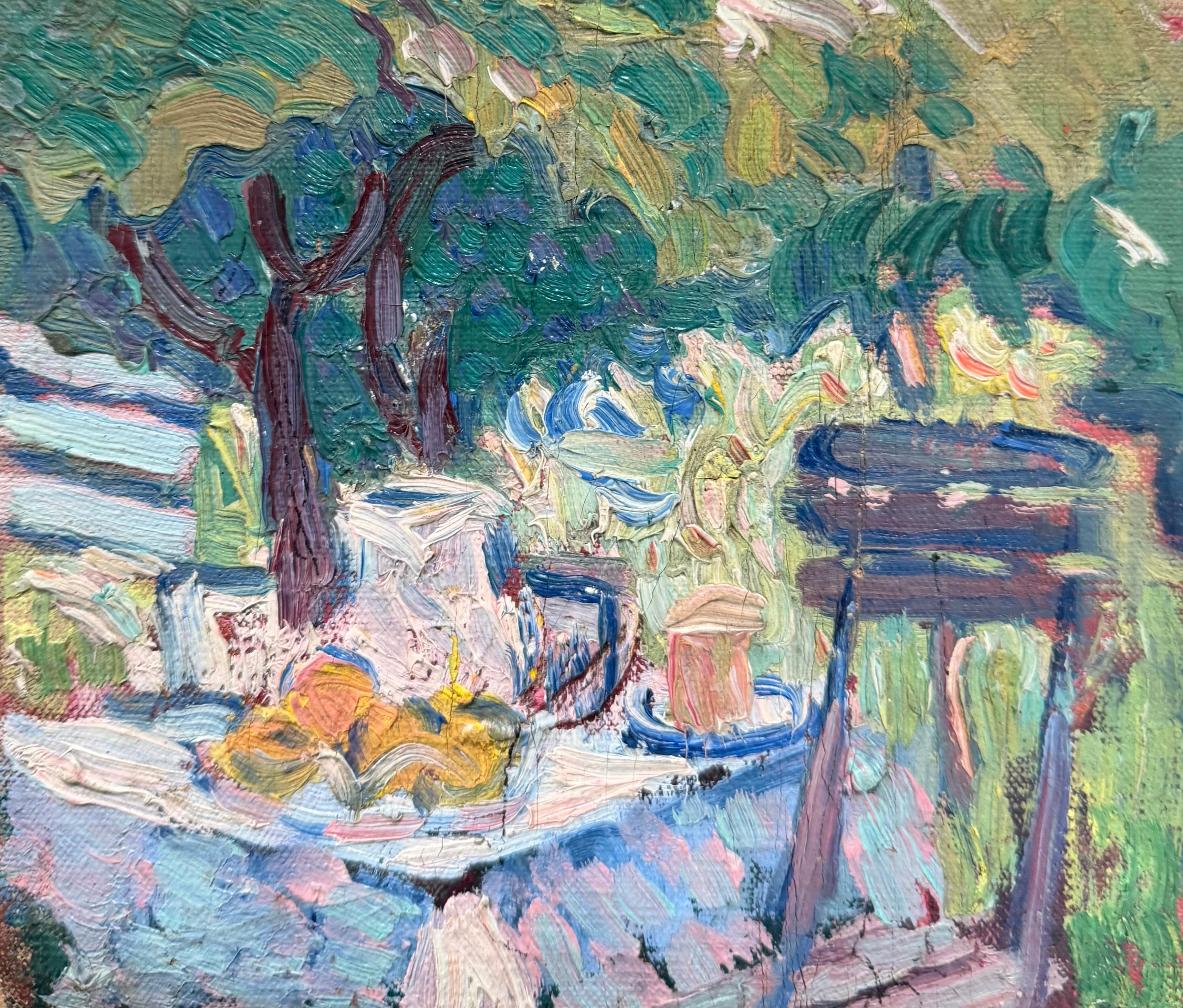 Comida de verano al aire libre Mesa y sillas de jardín Pintura al óleo modernista británica